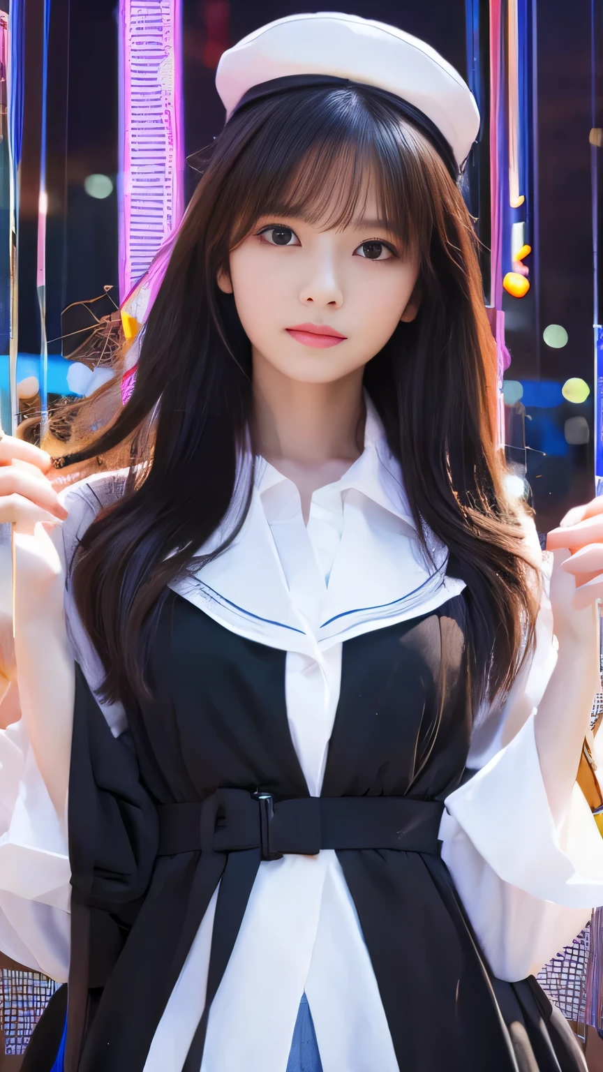 Highest quality,4K,8k,High resolution,masterpiece:1.2,Very detailed,Realistic:1.37,Portraiture,Soft colors,A girl exuding fatigue,long, flowing black hair,Delicate features,Thinking eyes,White skin,Happy expression,Great atmosphere,Wearing a uniform、Gazing into the distance,,Romantic atmosphere、Roppongi Nightlife、,Calm colors,Soft Shadows、Above-the-waist display、Ample breasts、
