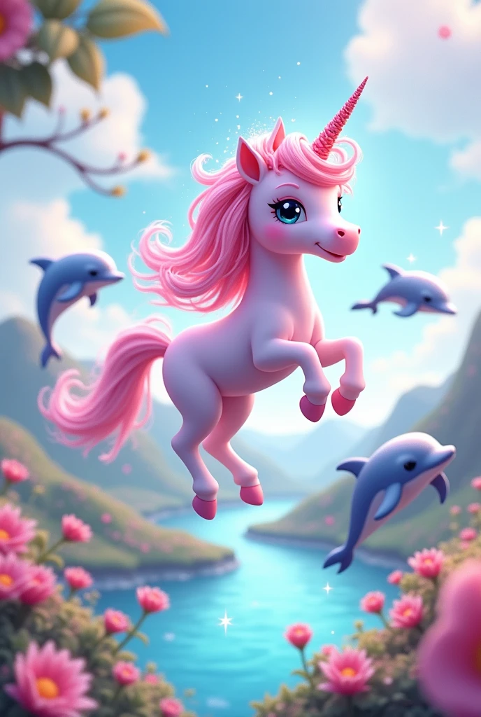 Cute pink unicorn and dolphins flying in a cute landscape
