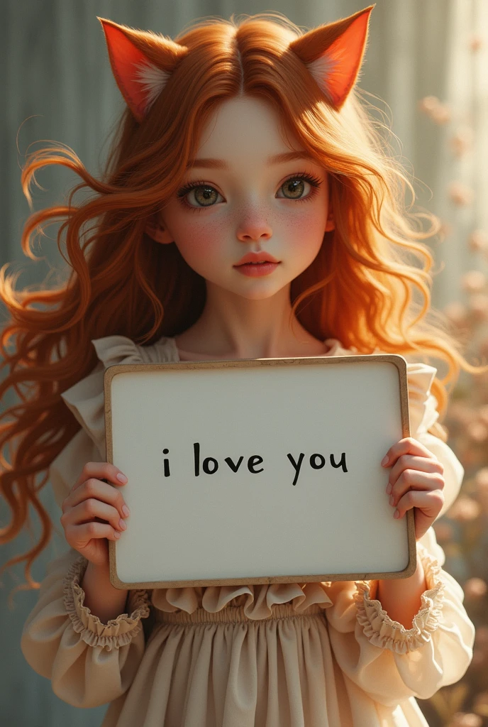 Beautiful cat girl with wavy long hair, bohemian dress, holding a white board with text "I Love you" and showing it to the viewer