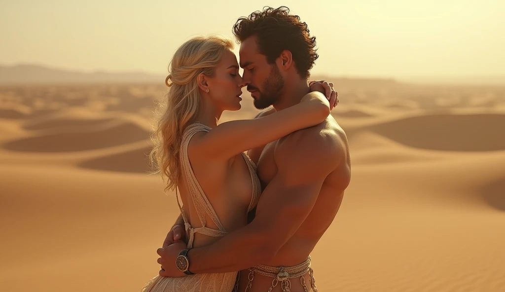 Emilia Clark nue, faisant une fellation à un homme musclé , au milieu du désert