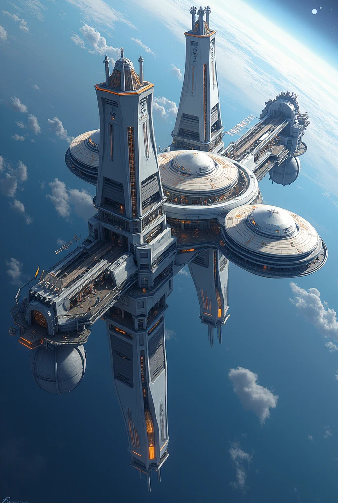 A gigantic space station, very well designed and with life support for tourism, close to the mesosphere of planet earth.
