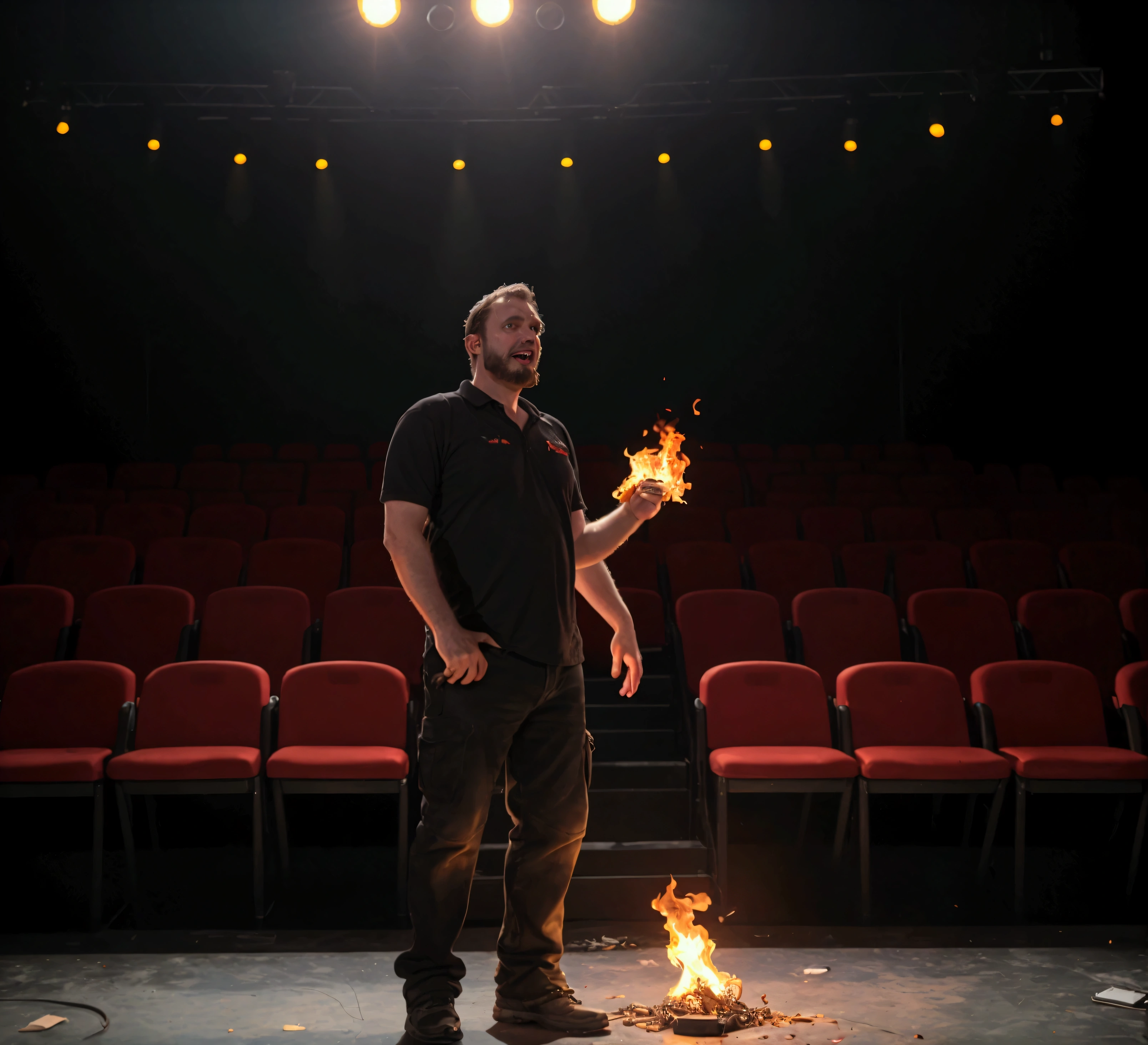 A wide angle medium long shot of a comedian (a 39 year old white Australian male, medium build, average height, a crew cut haircut, facial stubble and goatee) who is standing with defeated exhausted body language and pose, up on a stage at a seedy, dark and decrepit looking standup comedy venue,.with NO spectators, completely devoid of people and all the vacant seats and tables are in disarray and on fire (immense bright hot flames and embers are covering the unoccupied seating area, yet the man continues to speak into the microphone that he tightly grasps with both hands. A couple of tumbleweeds (engulfed in flames) roll past the man and across the stage