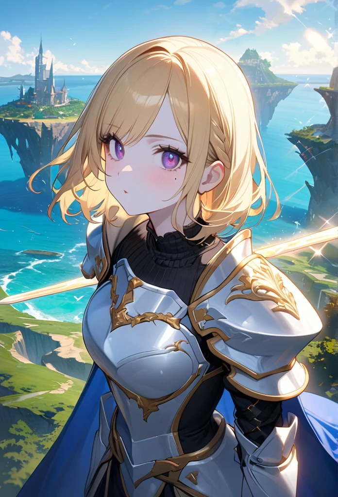 (One Woman),(Best image quality, 32K, masterpiece:1.3),((Blonde,Medium Hair:1.1)),(Swept-apart bangs,Braiding), (Cute eyes, Dark Eyes), (Detailed eyes),(Mole under right eye), (Standard weight), (Glowing Skin:1.1),(Pale skin:1.2),(A fantastic atmosphere),(look up),Ultra-high resolution, Textured skin, Sparkle Effect, adult,
Holy Knight,Paladin,White plate armor with gold decoration,Black innerwear,Blue Cape,
Magic Sword,Legendary Sword,
world Tree,Floating Island,blue sky,Ocean,
