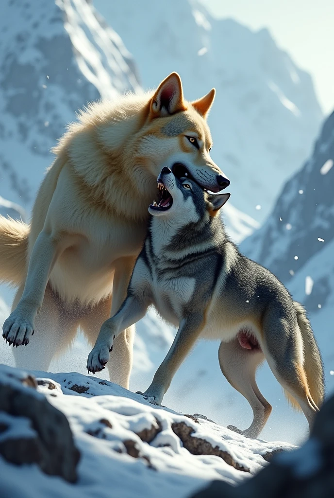 Kangal dog on a mountain attacking a wolf and bitting him

