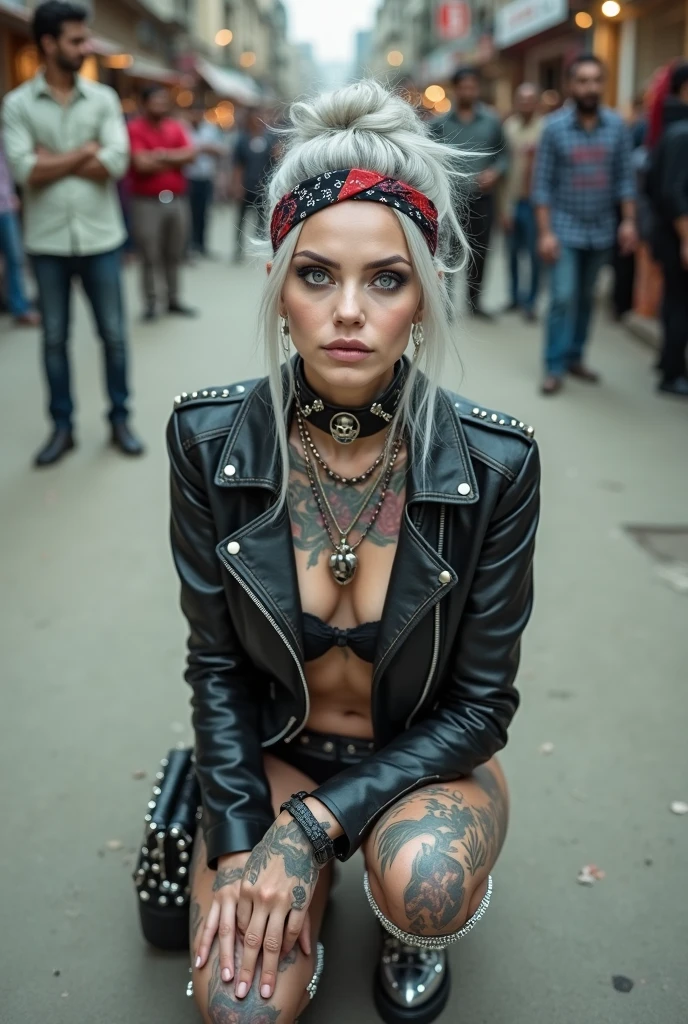 russian old milf woman, grey hair (middle part) and wide colourful bandana as headband, with very light blue eyes, extremely pale. Wearing studded cropped black moto jacket with lots of zippers and pins, black push up bra with white seams , dark skinny blue jeans and pointy silver Chelsea boots with cuban heels  . Studded Choker. Lots of metallic bracelets and collars. Tacky wide studded leather belt with oversized skull and bones buckle. Long bohemian earrings. Kneeling like in a payer, looking at the camera, humble facial expression. Hands on her knees, showing off bracelets and rings. studded black leather tote bag with chains on the floor, next to her..  Listening in amazement to somebody speaking to her, toned six pack abdominals, thin neck, slim legs and thin arms. Tattoed heavily.  A lot of people around looking at her, next to her, all her belongings on the floor. Street of India, at night