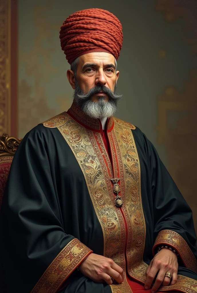 Please create an image portrait of Islam Khodja who i is Grand Vizier (Prime Minister) of the Khiva Khanate in 1898, please use the filter for historical atmosphere and he weared national khans chapan (national clothes of prime minister ) and he weared black tall curly Chugurma which belongs to Khorezm people
