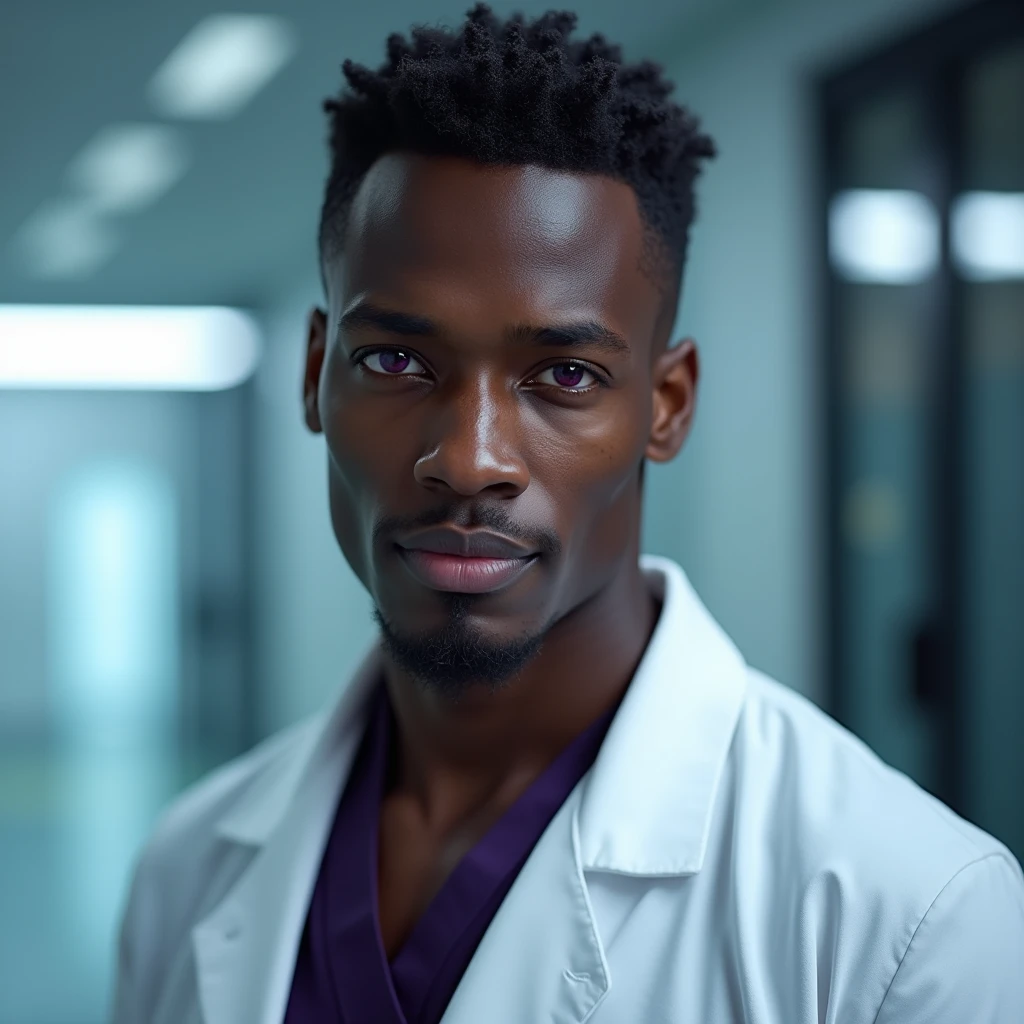 Photograph headshot, short (curled-style:1.6) hair parted to the side hair, very tall French-Nubian featured male model, shaved, toned body, ebony skin, vibrant purple eyes, tall thin toned body. Gentle smile expression. Doctor coat, dark purple shirt, modern sci-fi hospital office.