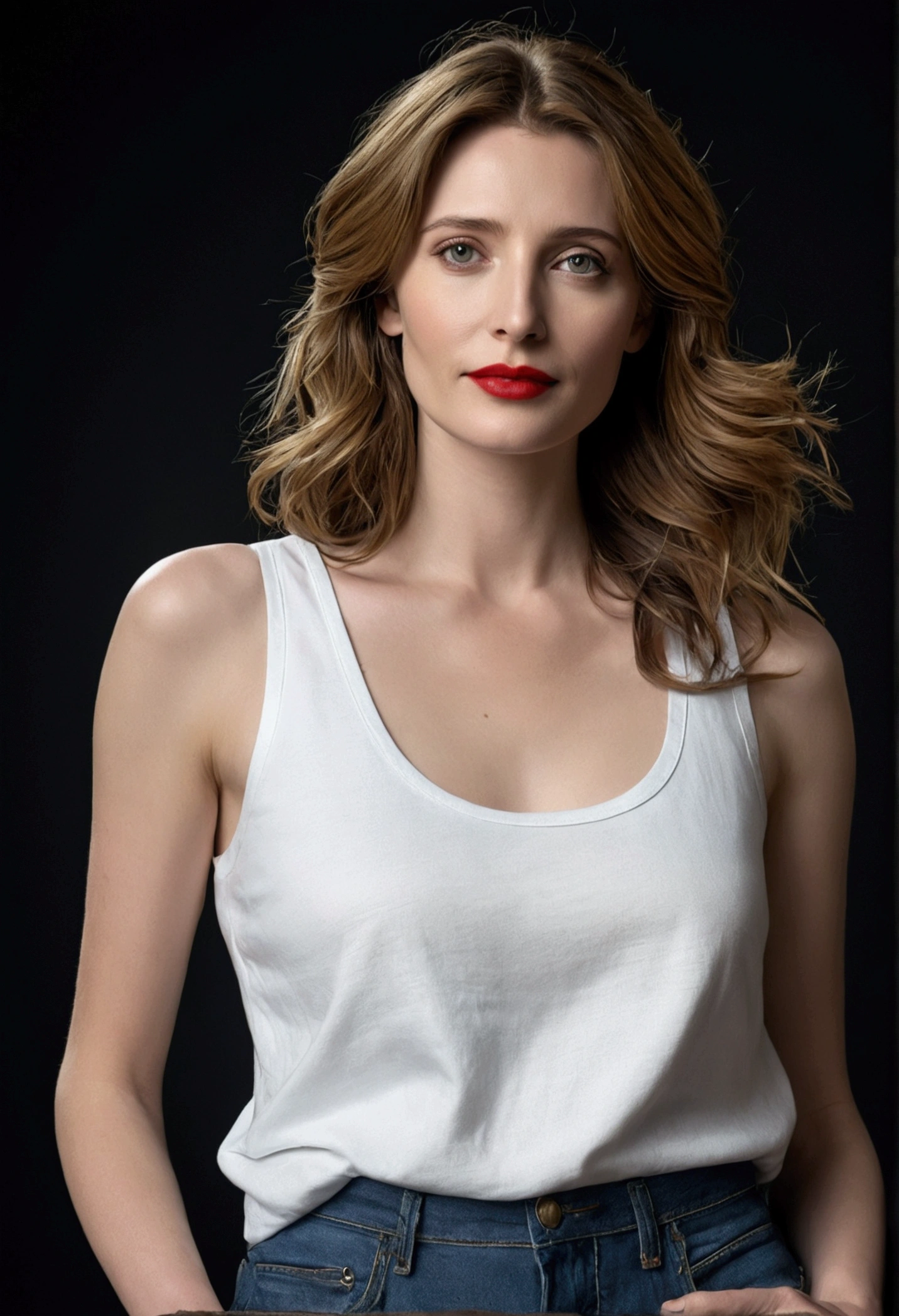 a woman with a red lipstick and a black background, wearing jeans and a loose-fitting white cotten tank top, cait miers, beautiful, attractive, maia sandu-carice van houten-cait miers-galen dara-mischa barton-christna hendricks merged, entire body visible, full body, hyperrealistic, best quality, 8K, masterpiece, extremely intricate, detailed eyes, detailed face, detailed body, exaggerated features, pronounced features, fujifilm