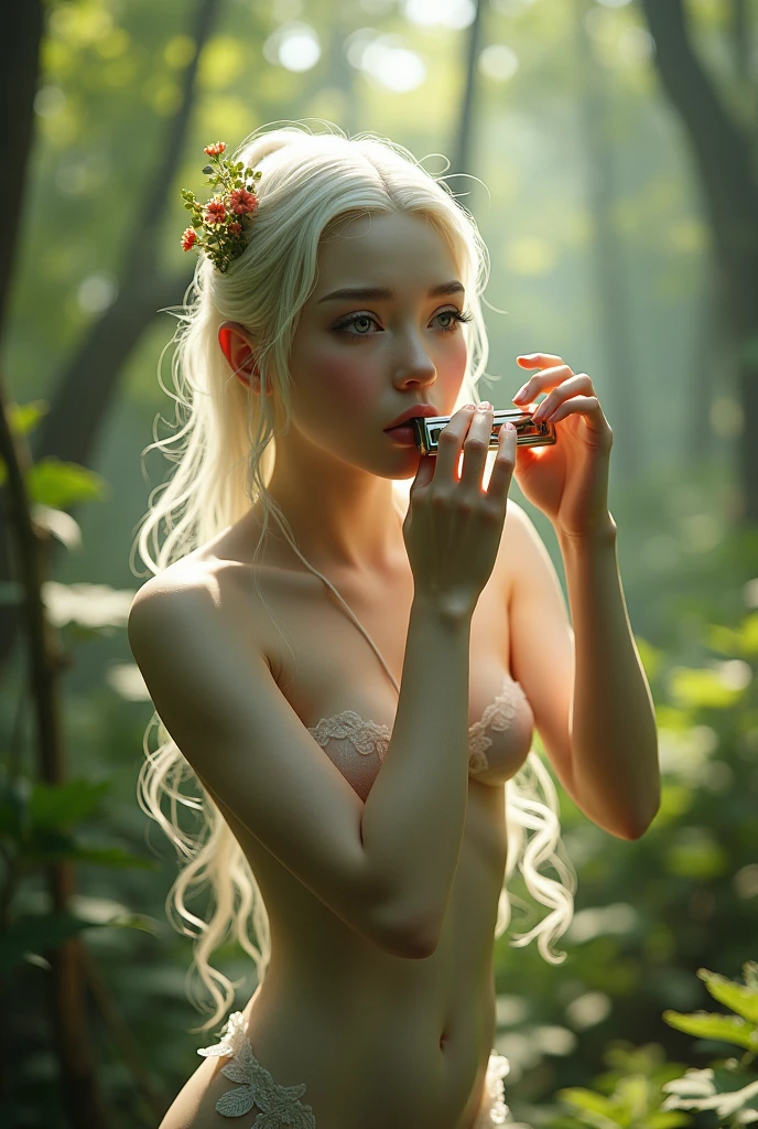 a naked fairy in a forest, 40 years old, with pale white skin, playing a harmonica, beautiful detailed eyes, beautiful detailed lips, extremely detailed face, long eyelashes, whimsical expression, slender figure, graceful pose, sunlight filtering through the trees, lush green foliage, soft natural lighting, cinematic composition, dreamlike atmosphere, detailed textures, vibrant colors, fantasy art, digital painting, 8k, highly detailed, photorealistic