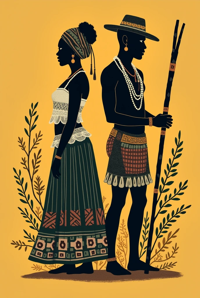 

1. Cultural and Religious Elements Figure of Bahian Woman and Man:
Bahian woman:
Description: Silhouette or illustration of a Bahian woman in typical costume (circle skirt, lace blouse, turban). Also consider clothing associated with Pombagira., which may include details such as long skirts and adornments.
Exu Man:
Description: Silhouette or illustration of a man representing Exu, with costumes that may include elements such as typical hats, necklaces and ornaments associated with the orixá WITHOUT SKIRT Elements: Exu is known for his vibrant colors and distinctive accessories, like a hat or a stick. Incorporate elementos que simbolizem movimento e dinamismo, since Exu is an orixá who is also associated with communication and changes.
Religious References:
Candomblé Symbols:
Incorporate: Stylized images of symbols associated with Exu and the orixás in general, as the "crossed out points" that are common in representations of candomblé.
2. Mustard Yellow Color Palette:

Use: Main color to create warmth and welcome. Use in much of the design.
Add-ons:

neutral tones: offwhite, brown and olive green for contrast.
Description: These tones can be used in details, as adornments and background elements, to balance and complement the mustard yellow.


suggestion: Add cultural details to the font, as decorative patterns inspired by African or Bahian art, to create a visual connection with the logo theme.
4. Layout and Design Combination of Figures:
Position of Figures:

Center or Side: Place the figures of the Bahian woman and the Exu man in positions that balance the design.. For example, the Bahian woman can be centered with Exu at her side or vice versa.
Detalhes culturais:

Additional Elements: Around the figures, add african patterns, embroidery or candomblé symbols to enrich the design and give it more cultural depth.
Symbol Incorporation:
Protection Symbols and Props:
Description: Include traditional necklaces, sticks and other ornaments asso