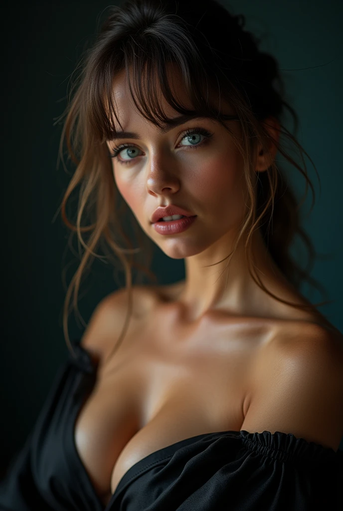 ((best quality, 8k, masterpiece: 1.3)),((Hasselblad Photos)), Fine-grained skin, clear focus, (movie lights), soft lighting , Beautiful woman , (random hairstyle: 1.2), very detailed face, detailed eyes, double eyelid , shiny skin, forehead, big bust , exposed cleavage, blue eyes, ((dark background)), looking at viewer, off shoulder, Black sweater, sharp face, Open Mouse, Long Bang,