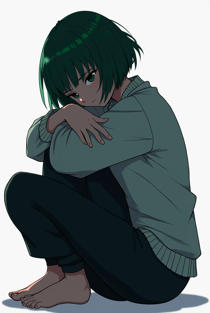 A girl sits hugging her legs and with her face hidden between them, with her hands she grabs her head, short straight hair with green highlights, night style tmnt 2012 3d plus size woman side view distant perspective png no background