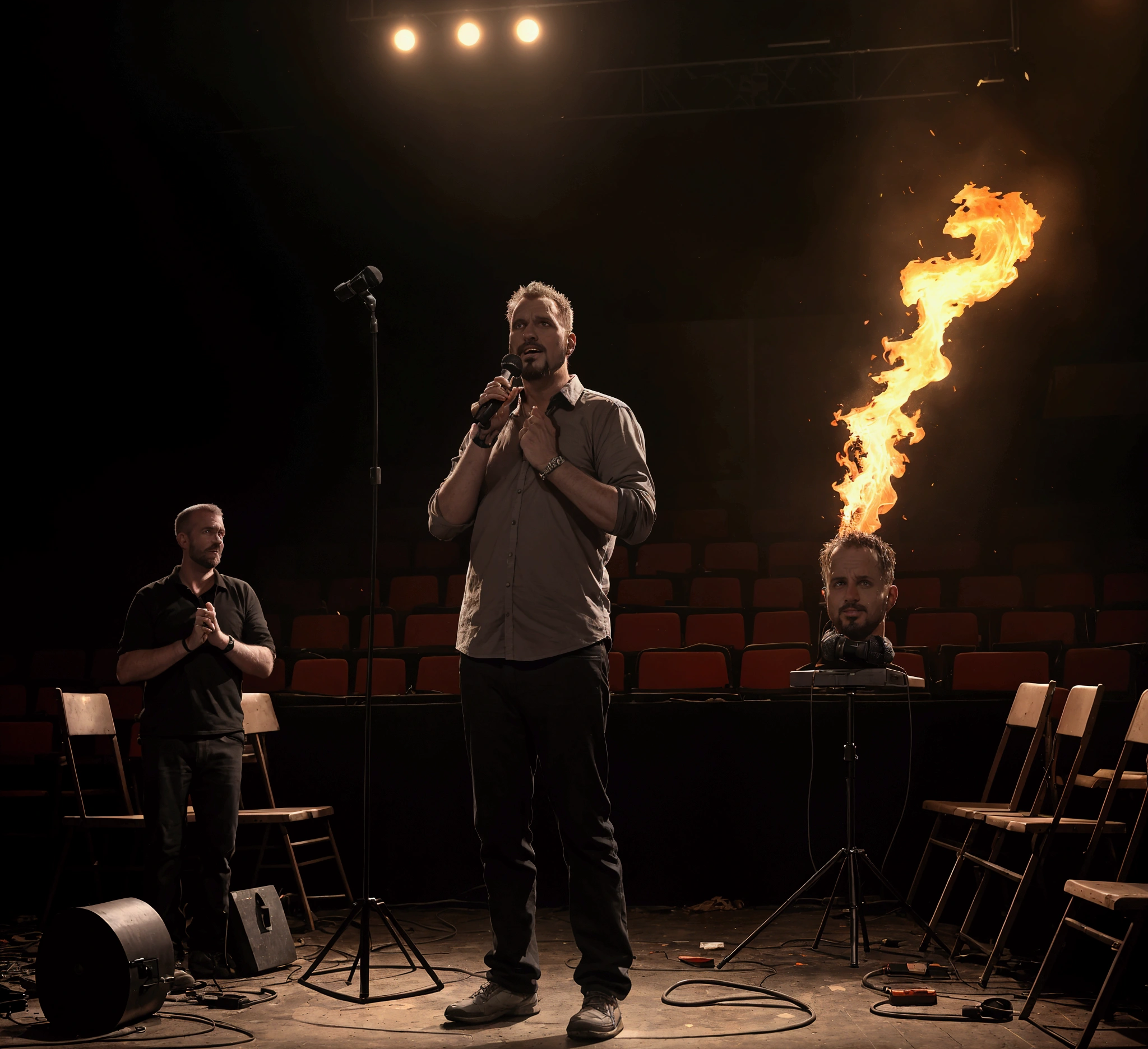 A wide angle medium long shot of a comedian (a 39 year old white Australian male, medium build, average height, a crew cut haircut, facial stubble and goatee) who is standing with defeated exhausted body language and pose, up on a stage at a seedy, dark and decrepit looking standup comedy venue,.with NO spectators, completely devoid of people and all the vacant seats and tables are in disarray and on fire (immense bright hot flames and embers are covering the unoccupied seating area, yet the man continues to speak into the microphone that he tightly grasps with both hands. A couple of tumbleweeds (engulfed in flames) roll past the man and across the stage