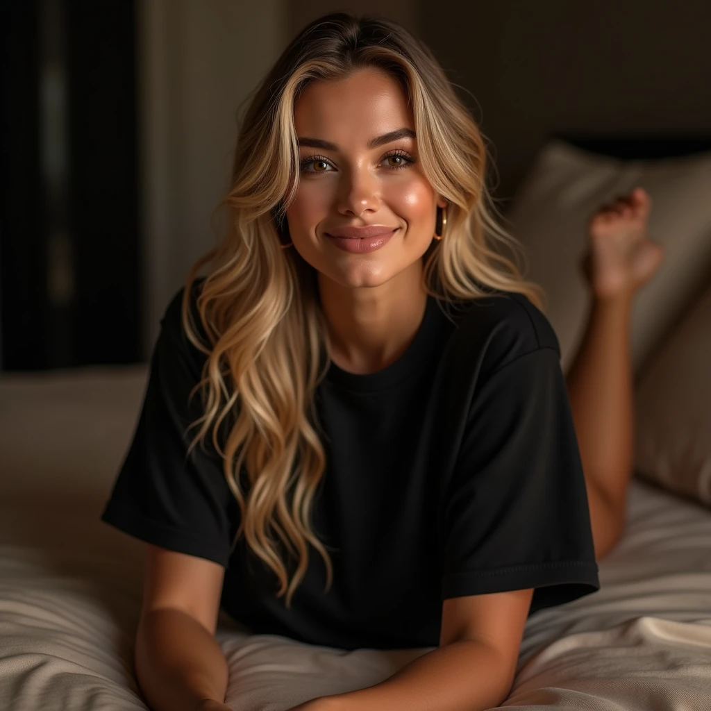 Blonde bombshell , smilling and taking a selfie at night laying at the bed. Her hair are long and she is wearing a black large t-shirt.
