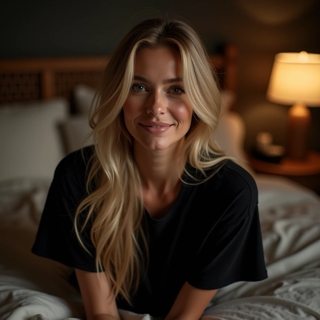 Blonde bombshell , smilling and taking a selfie at night laying at the bed. Her hair are long and she is wearing a black large t-shirt.