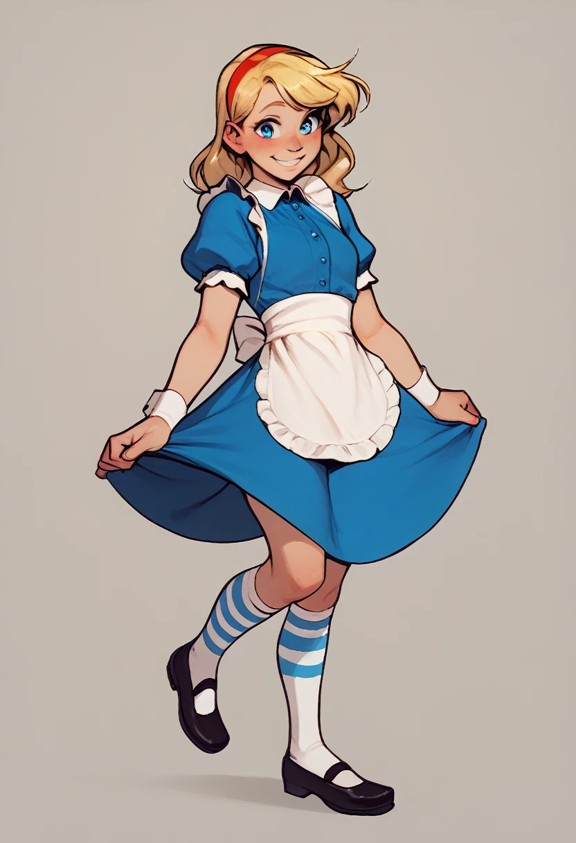 score_5_up,score_6_up,score_7_up,
1girl, solo, standing_on_one_leg, wearing (blue dress, white apron, red hairband, white socks, striped socks, black mary janes), short puffy sleeves, detached cuffs, long blonde hair, blue eyes, blush, smiling, simple background