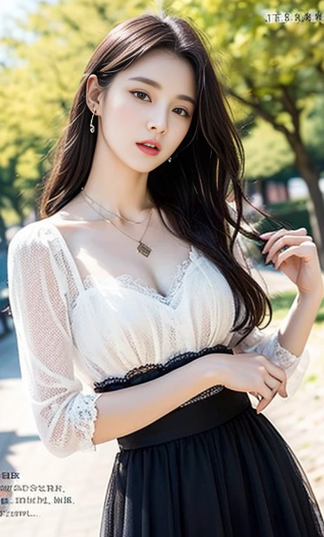 The image is a black and white text that appears to be a description of a necklace. The text is written in a cursive style and is accompanied by a picture of a necklace. The necklace is described as having a "sweetheart" shape, and the text goes on to describe the various details of the necklace, including the lace and the tulle-like fabric. The text also describes the person wearing the necklace, stating that they are also wearing a "delicate" necklace with a "symmetrical" design. The text concludes by suggesting that the background of the image is outdoors, with bare trees.