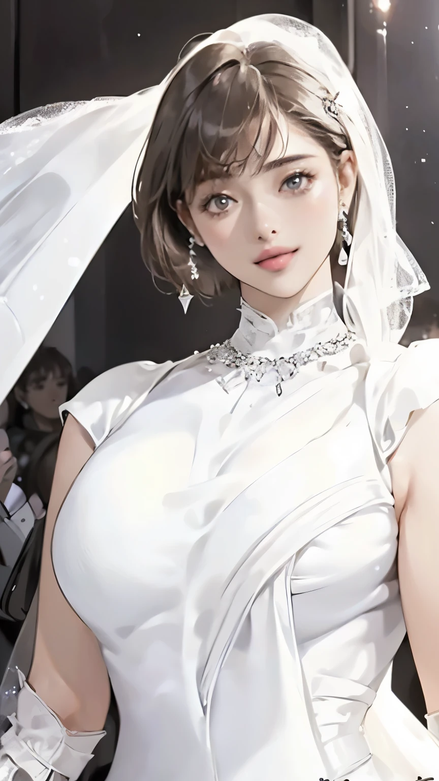 (Realistic:1.5, 16K, Highest quality, masterpiece, Ultra-high resolution), Perfect dynamic composition:1.2, ((woman1people)), ((Stylish party venue:1.5)), ((Bright venues:1.5)), (Expressions of sadness:0.9), (((Gorgeous white party dress:1.5))), Highly detailed skin and facial textures, Incredibly slim body, Fair skin:1.2, Sexy beauty, Very beautiful face:1.5, (short hair), (Neat bangs:1.5), ((Voluptuous body:1.5)), (Firm and shapely D cup breasts), ((Both arms behind the head)), (Big eyes that exude beautiful eroticism:0.8, Lips that exude beautiful eroticism:0.8), necklace, Earrings, bracelet, wedding ring,