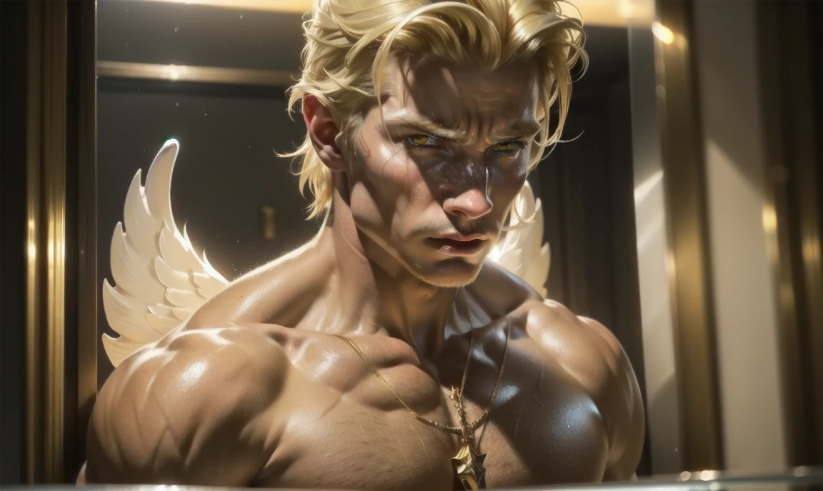 [((highly detailed, detailed eyes, detailed face, clear and realistic facial features, photorealistic, realistic light, cinematic, looking at you)), (1 man), (((((Gorgeous perfect sexy powerful masculine male angel))))), (((he has two grand golden angel wings sprouting out of his back))), ((((short sexy blond hair)))), ((((pale yellow eyes)))), ((3)), ((wearing flattering gold and white clothes)), (((aura of divine power))), standing in a cozy apartment at nighttime, ((light blush)), (((((wearing a clearly indignant expression)))))]