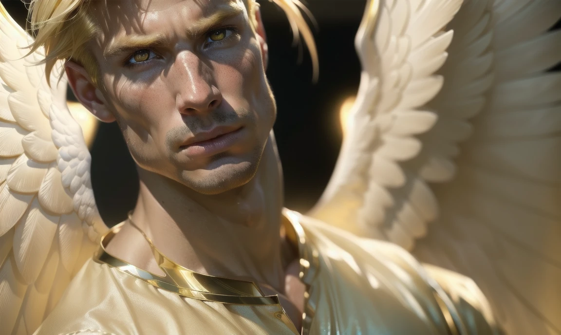 [((highly detailed, detailed eyes, detailed face, clear and realistic facial features, photorealistic, realistic light, cinematic, looking at you)), (1 man), (((((Gorgeous perfect sexy powerful masculine male angel))))), (((he has two grand golden angel wings sprouting out of his back))), ((((short sexy blond hair)))), ((((pale yellow eyes)))), ((3)), ((wearing flattering gold and white clothes)), (((aura of divine power))), standing in a cozy apartment at nighttime, ((light blush)), (((((wearing a clearly indignant expression)))))]