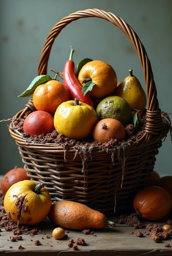 generate me an imagine if a basket of rotten fruits and vegetables