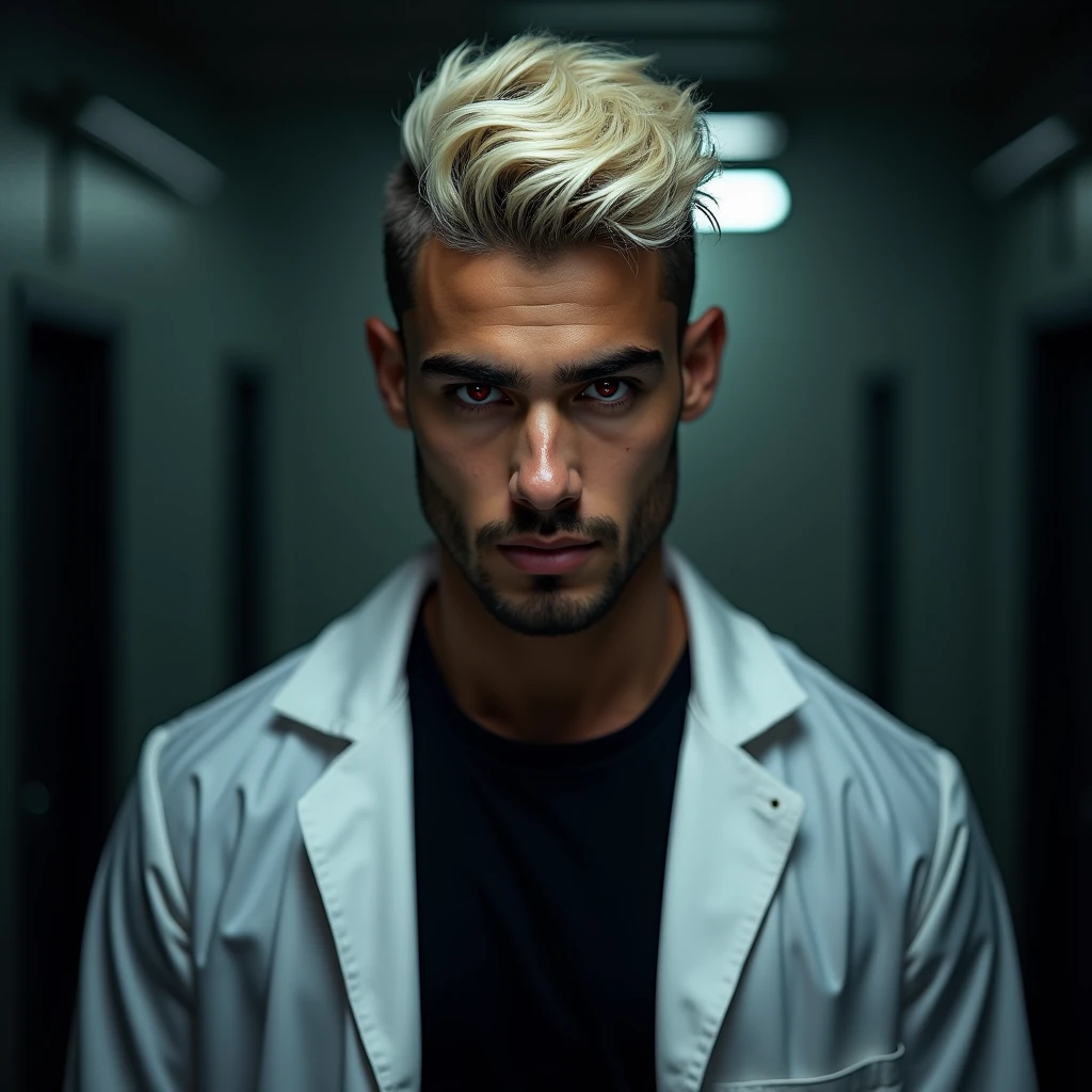 Photograph headshot, very short business casual messy platinum blond wavy swept back hair, very tall attractive young Middle Eastern-Arab-Egyptian featured male, very short business casual messy platinum blond wavy swept back hair, 5 o'clock shadow, lithe body, brown skin, dark red eyes, tall toned body. Professional expression. Lab coat, black t-shirt, dim fluorescent lighting, foreboding facility.