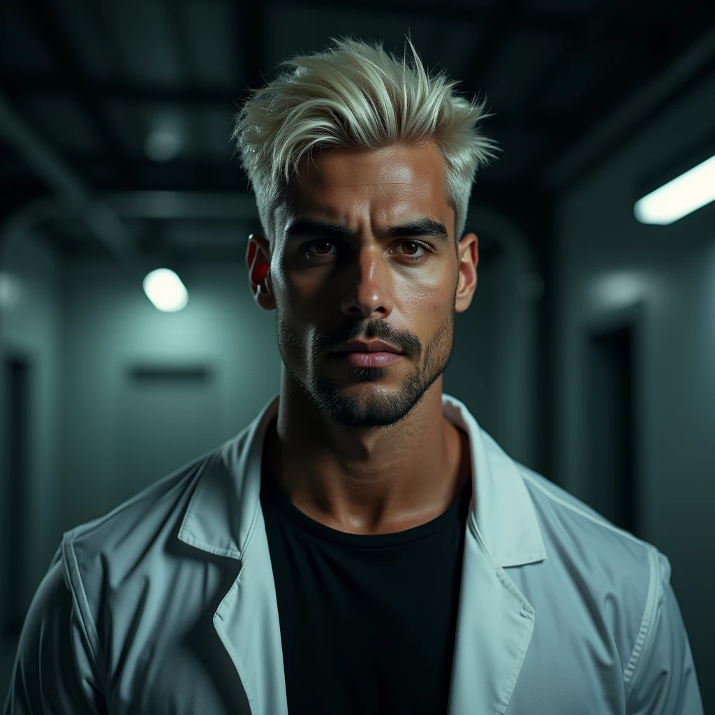 Photograph headshot, very short business casual messy platinum blond wavy swept back hair, very tall attractive young Middle Eastern-Arab-Egyptian featured male, very short business casual messy platinum blond wavy swept back hair, 5 o'clock shadow, lithe body, brown skin, dark red eyes, tall toned body. Professional expression. Lab coat, black t-shirt, dim fluorescent lighting, foreboding facility.