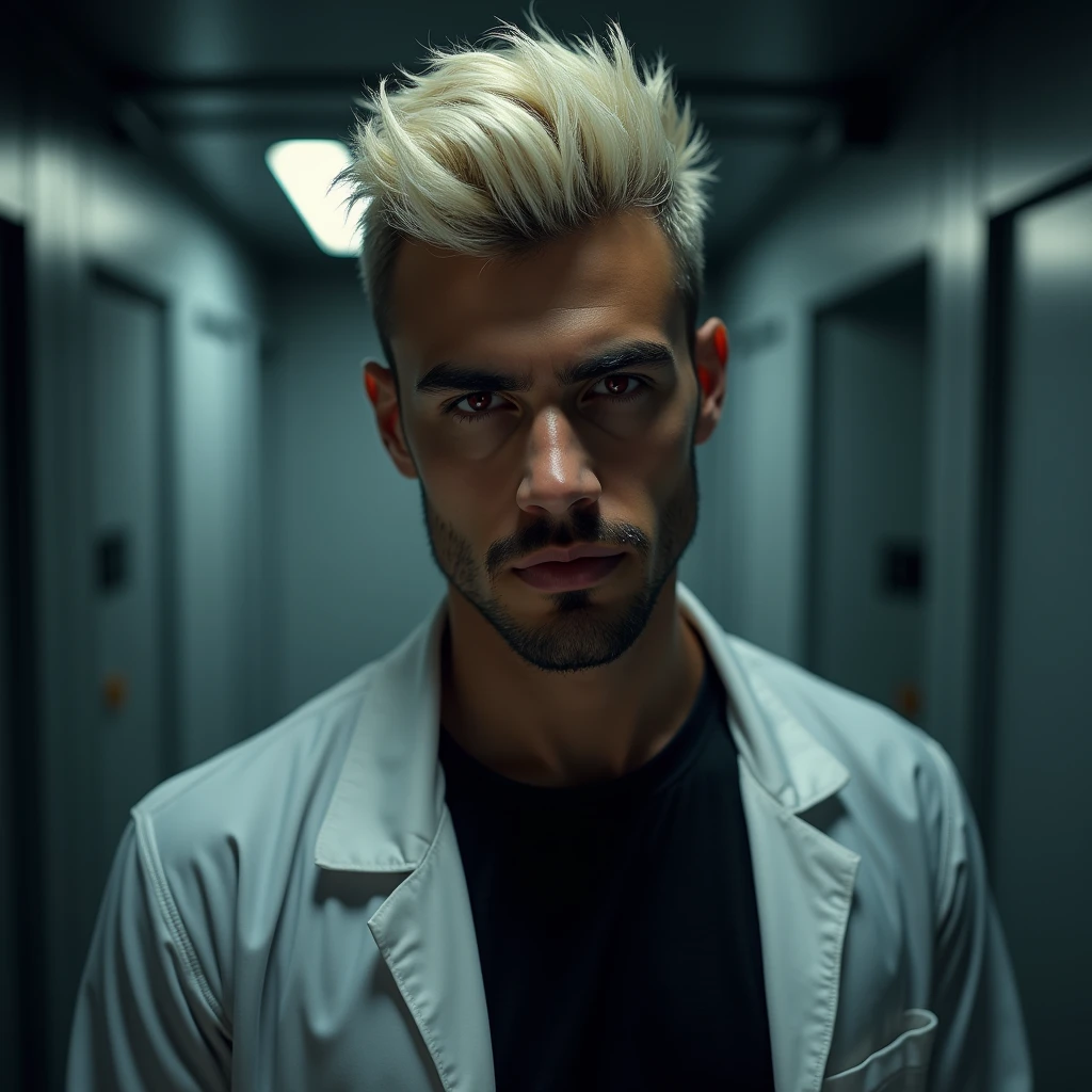 Photograph headshot, very short business casual messy platinum blond wavy swept back hair, very tall attractive young Middle Eastern-Arab-Egyptian featured male, very short business casual messy platinum blond wavy swept back hair, 5 o'clock shadow, lithe body, brown skin, dark red eyes, tall toned body. Professional expression. Lab coat, black t-shirt, dim fluorescent lighting, foreboding facility.
