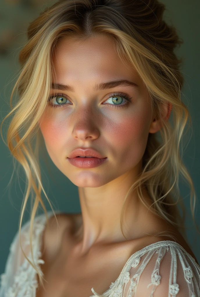A blonde girl in adult age about 17 with green eyes from Tashkent