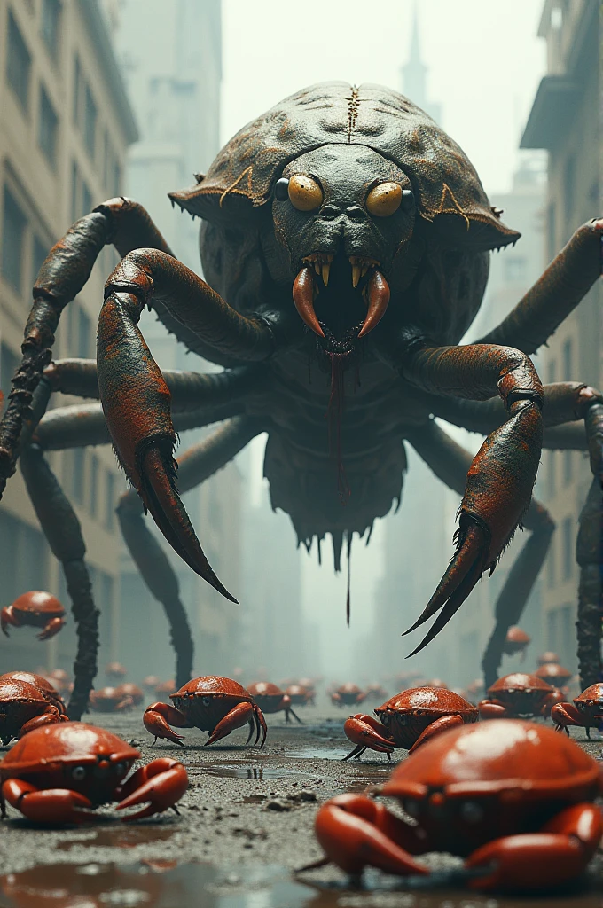 Giant insect fighting mini crabs in a city with melting buildings