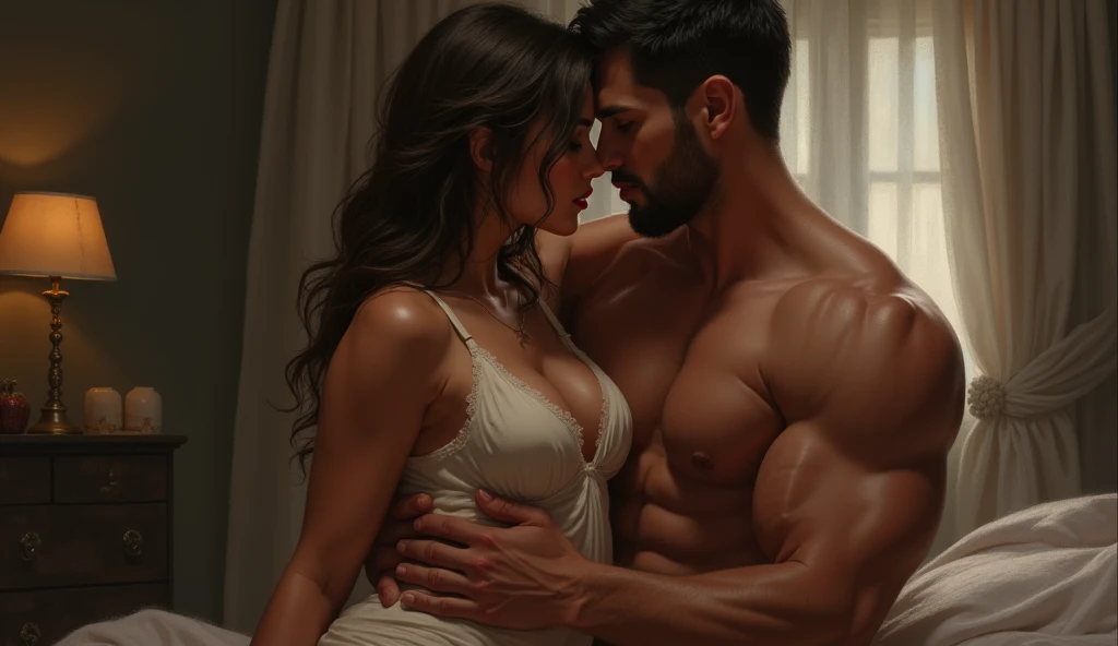 Naked woman, sex with a muscular man, seins apparent, 