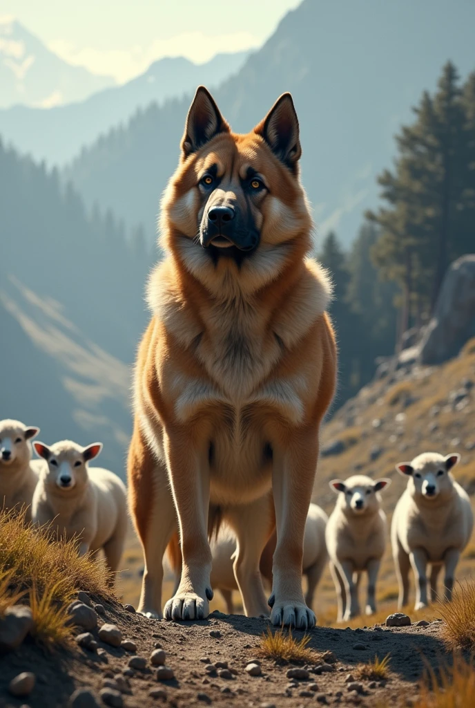 A kangal dog protecting sheeps from wolves
