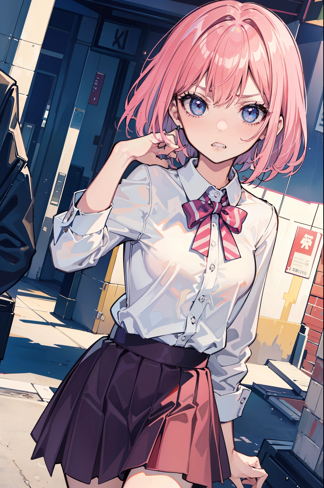 (best quality:1.2), (highest quality:1.2), (perfection:1.1), (flawless:1.1), urban street, 1girl, parted lips, (clenched teeth:1.1), teeth, (disgusted look:1.1), short height, blouse, skirt, (straight hair:1.1), small breasts, (best quality eyes:1.1), highly detailed, 8k, best quality resolution, (most beautiful upscale:1.1)