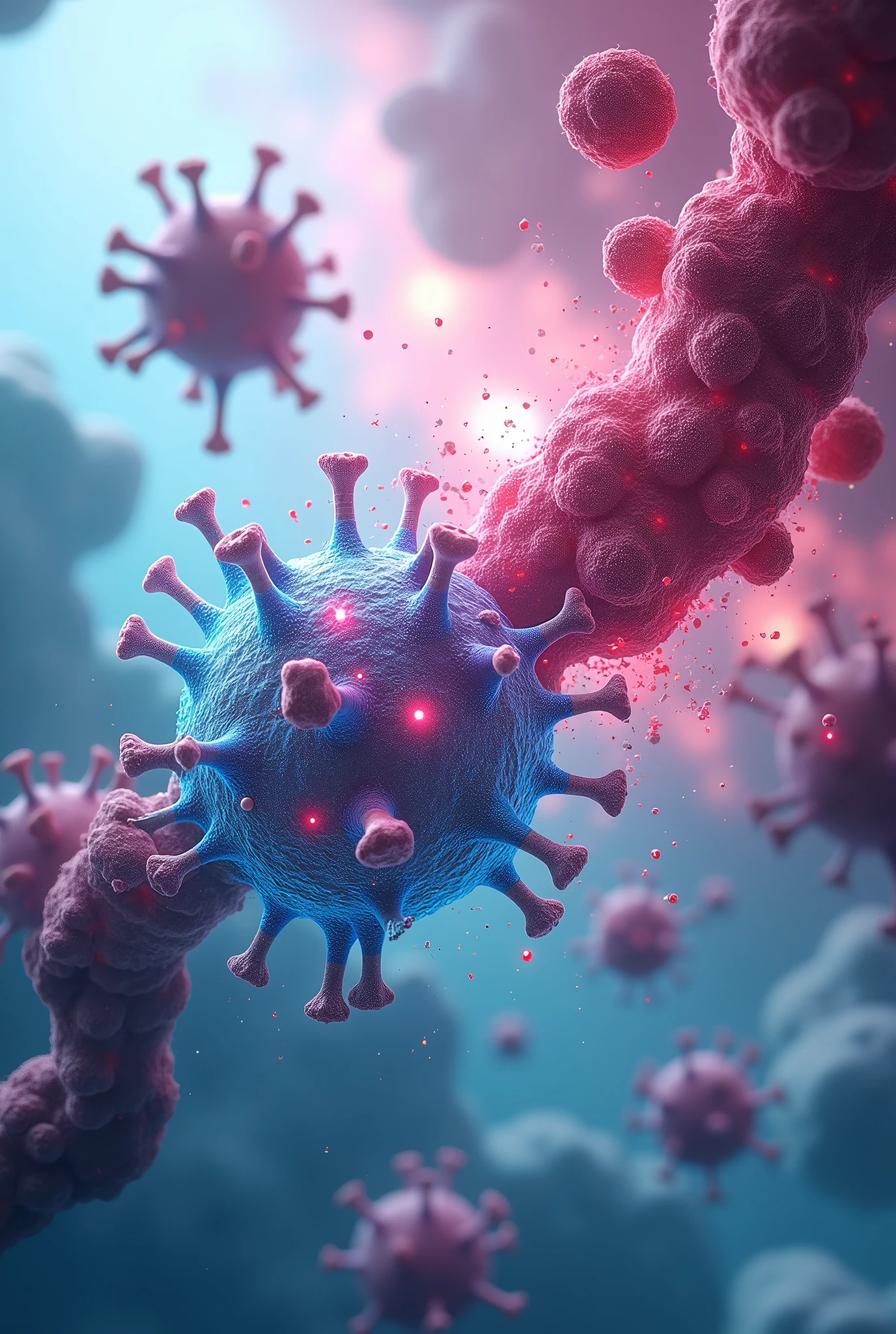 an image of antibiotic, focusing on a visual representation of bacteria being neutralized by antibiotics in a modern and vibrant style. interaction between antibodies and viruses, with a scientific look, bright and futuristic. size 16:9