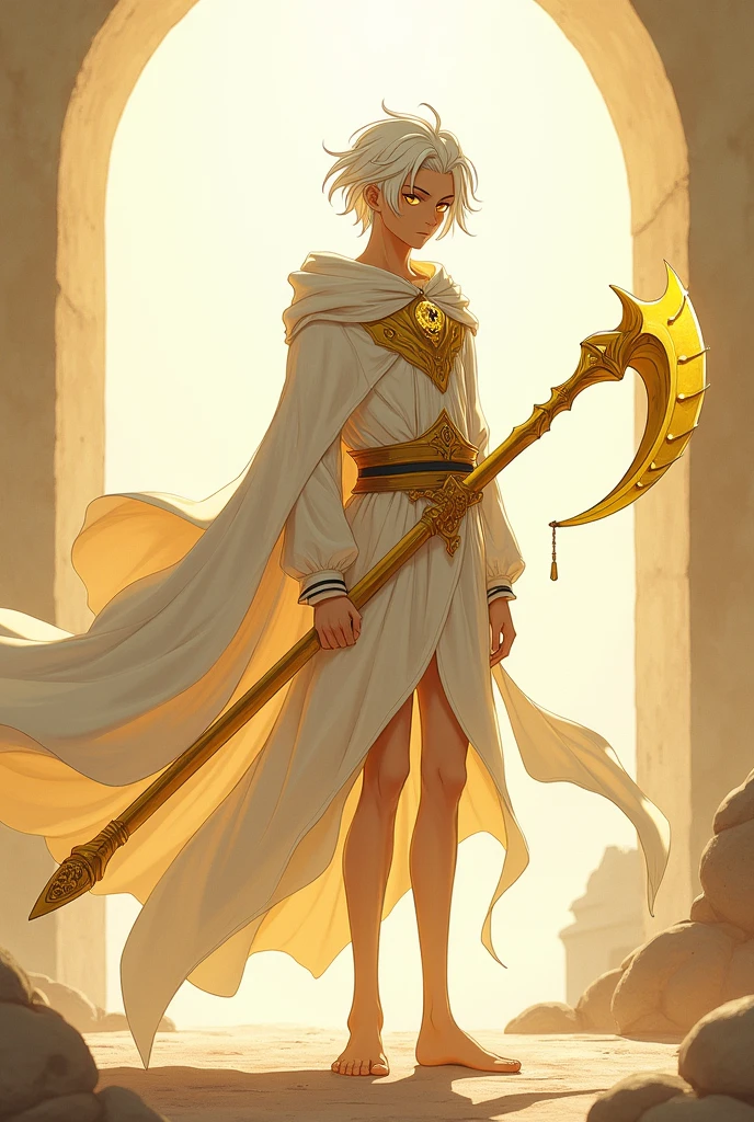 A full body image of a young adult male who is thin, half-heavenly with brown skin, shoulder-length white hair and pupil-less golden eyes, carrying a large, long golden sickle. made with anime lines.