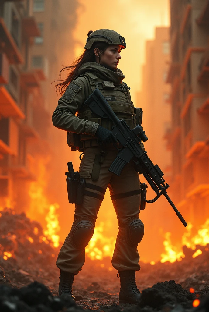 Female soldier in a fire environment
