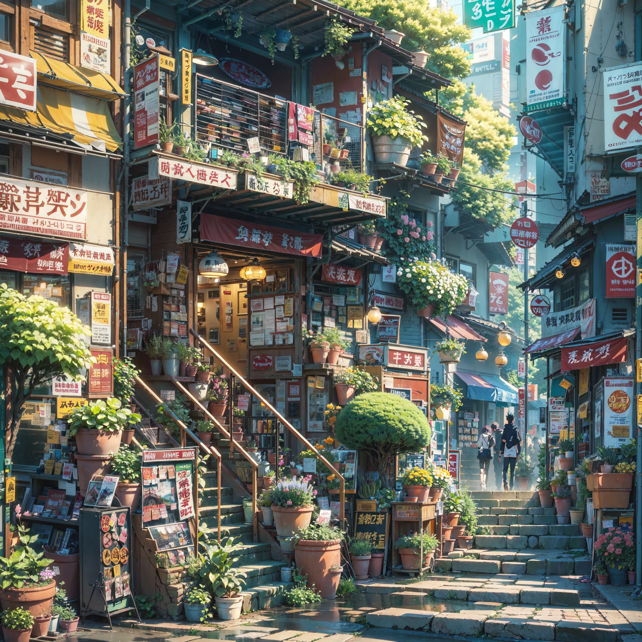 anime city street scene with a stairway leading to a shop, anime background art, anime style cityscape, colorful anime movie background, beautiful anime scenery, beautiful anime scene, anime scenery, anime art wallpaper 8 k, tokyo anime scene, anime art wallpaper 4k, anime art wallpaper 4 k, anime scenery concept art, hd anime cityscape, anime background, japanese shop signs, plant pots. trees
