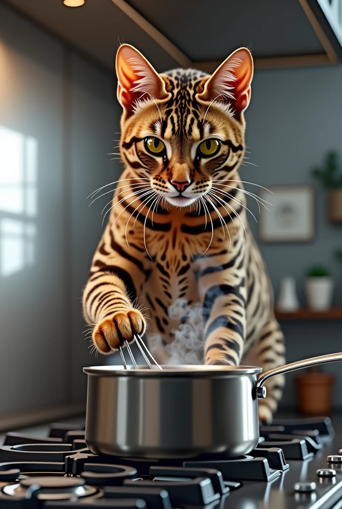 A highly detailed, realistic close-up of a Bengal cat cooking on a modern kitchen stove, wide-angle shot.