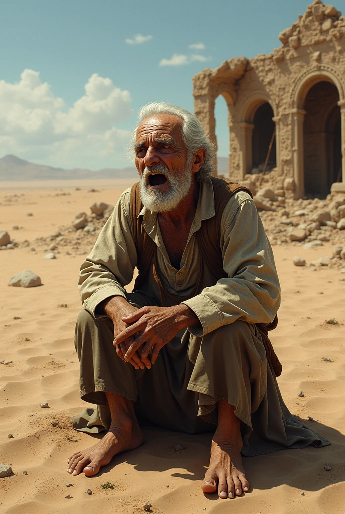 old man crying desperately kneeling in old clothes in the desert with a destroyed house in the background TOGETHER WITH HIS WIFE
