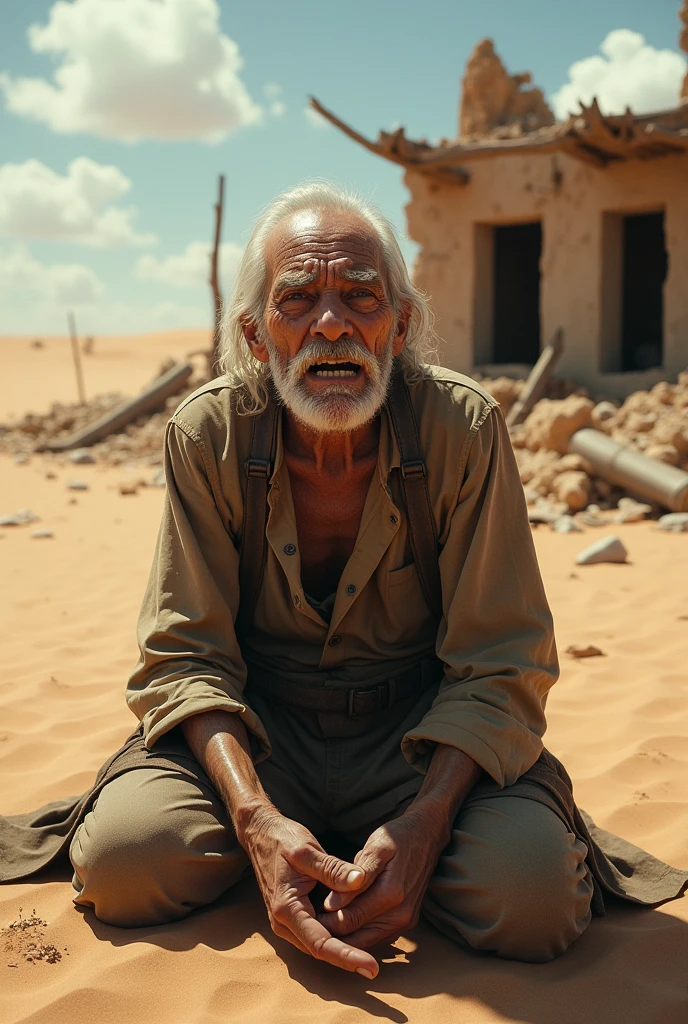 old man crying desperately kneeling in old clothes in the desert with a destroyed house in the background TOGETHER WITH HIS WIFE
