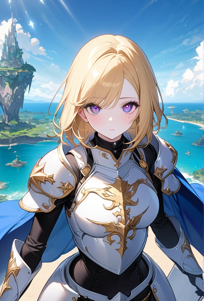 (One Woman),(Best image quality, 32K, masterpiece:1.3),((Blonde,Medium Hair:1.1)),(Swept-apart bangs,Braiding), (Cute eyes, Dark Eyes), (Detailed eyes),(Mole under right eye), (Standard weight), (Glowing Skin:1.1),(Pale skin:1.2),(A fantastic atmosphere),(look up),Ultra-high resolution, Textured skin, Sparkle Effect, adult,

Holy Knight,Paladin,White plate armor with gold decoration,Black innerwear,Blue Cape,

A gorgeously decorated long sword,

world Tree,Floating Island,blue sky,Ocean,


