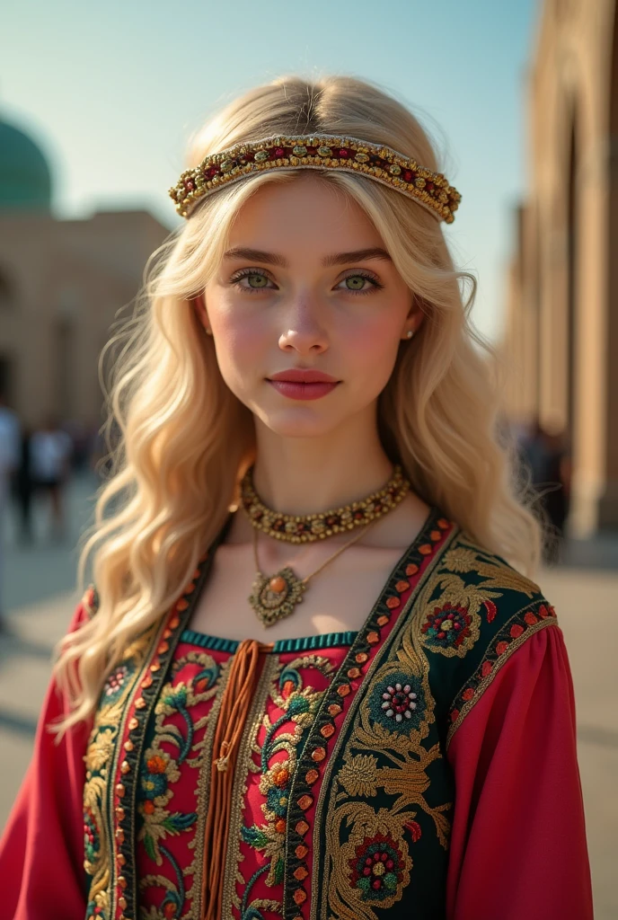 A blonde girl in adult  about 17 th green eyes from Tashkent in uzbek national clothing 