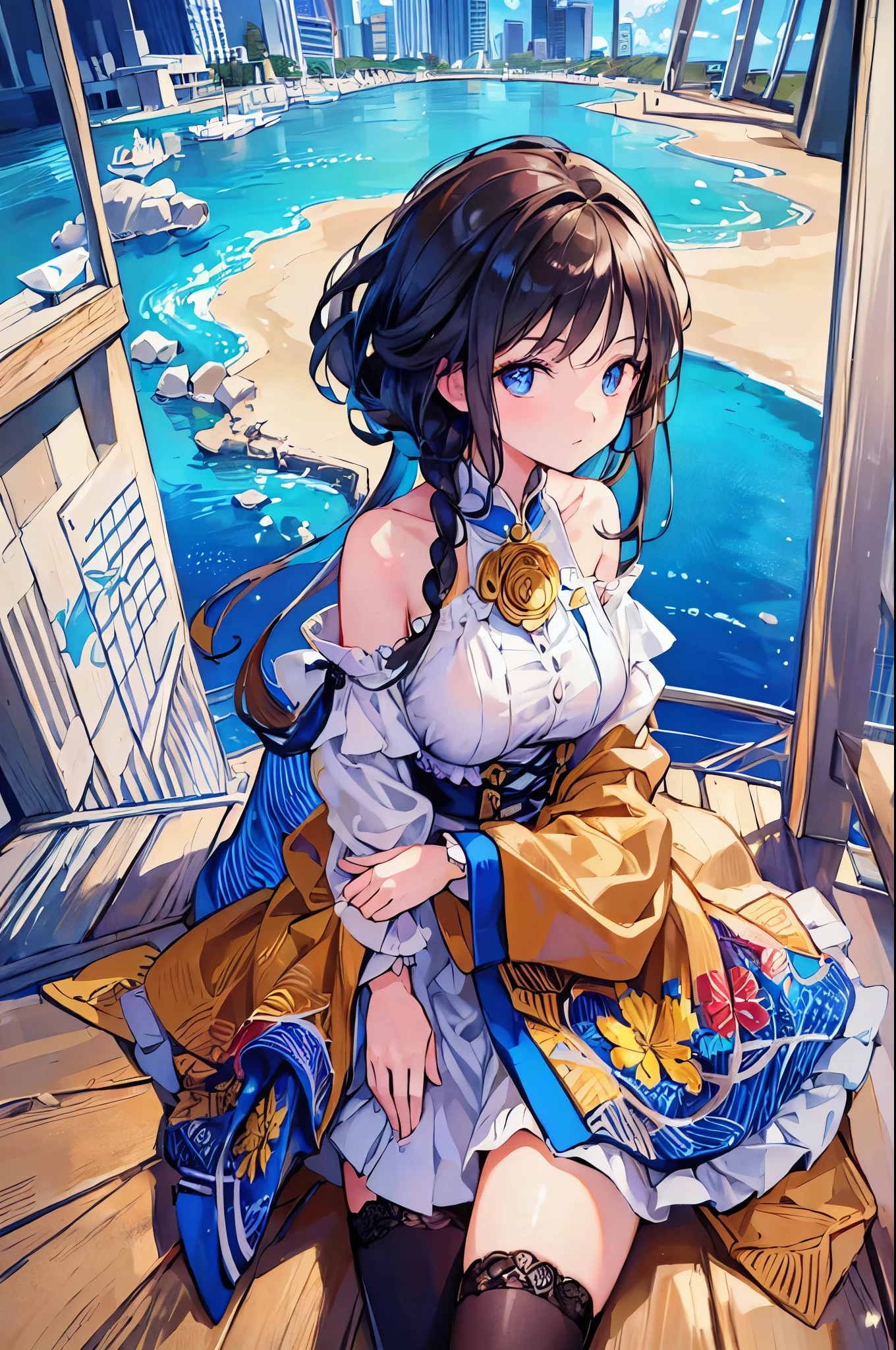 (Highest quality:1.2), (masterpiece:1.1), (Highly detailed illustration:1.2), From above,
one person's, alone, Are standing, Printed kimono, Black Hair, Braided hair, (East Asian architecture:0.35), firework, (lanthanum:0.55), Night Sky, Urban Background, Mountain, Night Sky, Happy, performer, moon, Soft Shadows, Warm lighting, reflection, hair ornaments, heart,Brown Hair,Shortcuts,Messy Hair,Slender beauty,Small chest,Beautiful feet