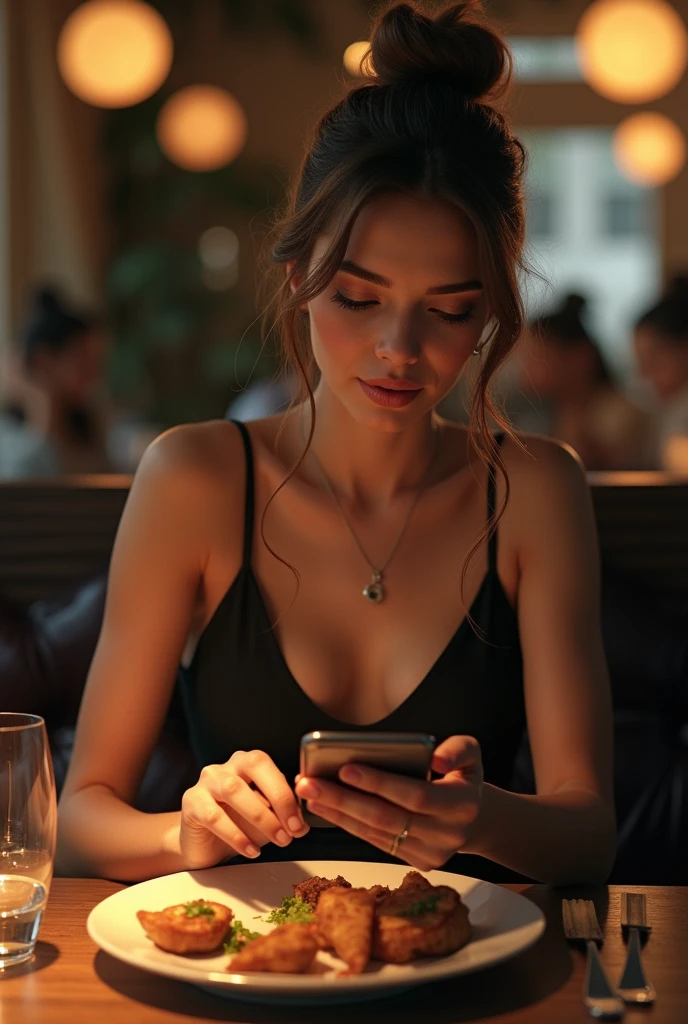 a beautiful woman in the restaurant eating with her cell phone in her hand