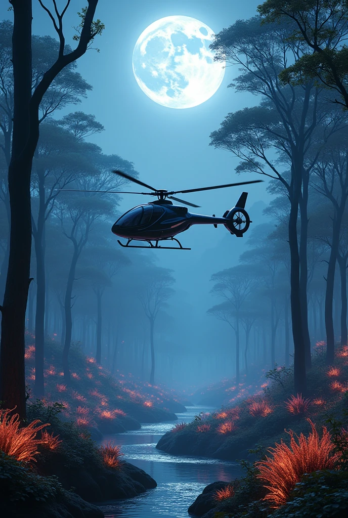 Futuristic helicopter, flying over, enchanted luminescent forest, vibrant iridescent hues, alien fauna, flora that emits bioluminescence, habitat of the N'avi people, ethereal beings, colossal trees, a mountain, full moon, afrofuturism, sci-fi vehicle design, pristine high resolution 8K HDR photography, Pandora inspiration, ultra-fine details