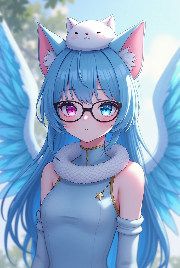 anime girl, pale white complexion, one sky blue eye and the other pink, black reading glasses, white cat hat, sky blue clothes tight to the body, large fluffy sky blue wings, a white snake on the neck, a white star pin, cute 18 year old girl, sky blue hair, long and a little wavy