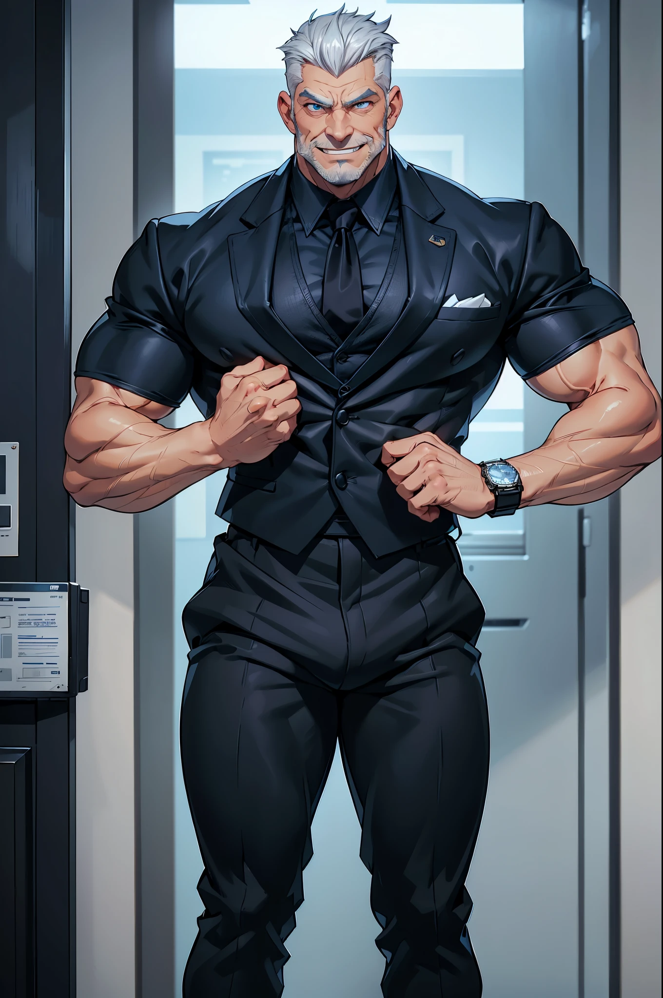 Elderly man, muscular body with gray hair, handsome masculine face, blue eyes, very short white hair in a pompadour, evil smile, wicked expression, huge biceps, huge hairy chest, huge thighs, huge bulge in the groin. He is wearing a black suit with a navy blue tie, black dress pants, black shoes, silver watch on his wrist and is standing inside an office.