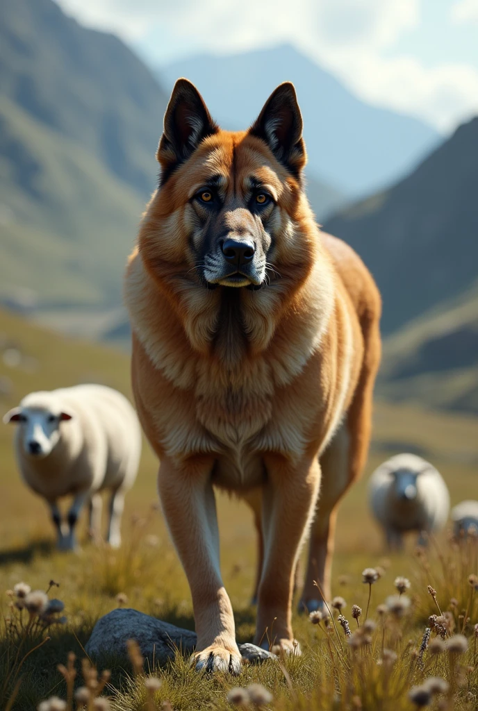 A kangal dog protecting sheeps from wolves
,make the image bigger