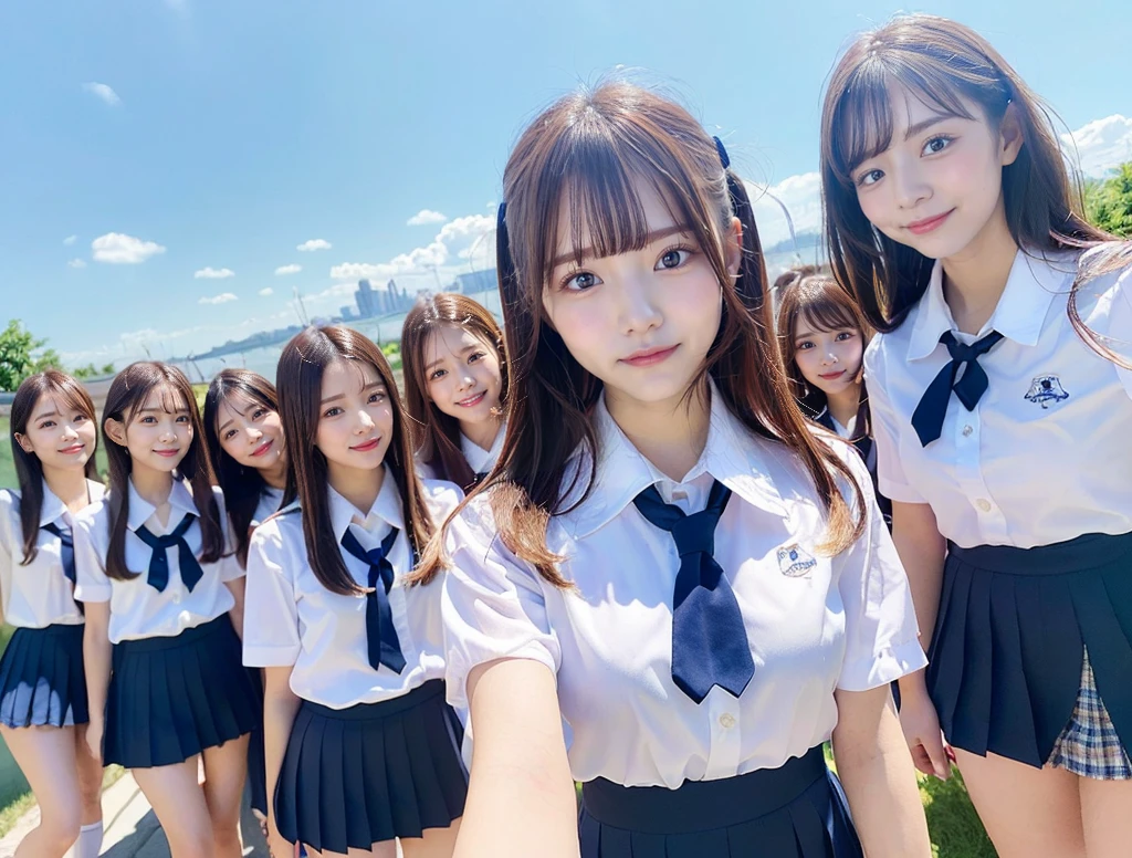 detailed、high quality、Big Breasts 、Beautiful outdoors ((Blue summer sky background))Neat and elegant(Perfect figure), Nogizaka46(Japanese Girls), ((Japanese Idols:1.3) (Five Girls:1.33), long, light brown straight hair, (The girl has a perfectly pretty face:1.5), A kind smile (school uniform:1.3), (Very mini skirt:1.3), (Looking down:1.28), (View from below:1.2)high quality, High resolution, solo,