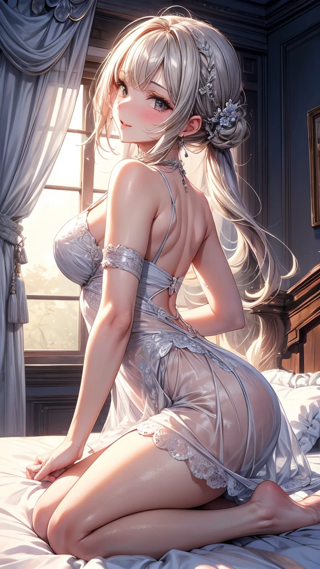 Dark bedroom, [sun|Succubus], (Delicate and radiant skin:1.5), dress，The white lace blends in casually, Sleep on your back, On the bed, Surrealism, A look at the races, Light transmittance, The bed is draped with an elegant white lace mosquito net...., Charm appearance, Sexual teasing, Bold and sexy pose, Princess Bed, Moonlight shining through the window,Dynamic Lens,Delicate and sophisticated design、orgasm、climax、Charm、excited、